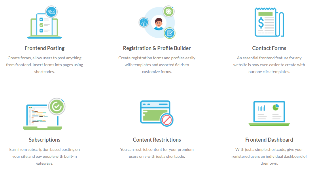 Dieses Bild zeigt die Hauptfunktionen des WP-Benutzer-Frontend-Plugins