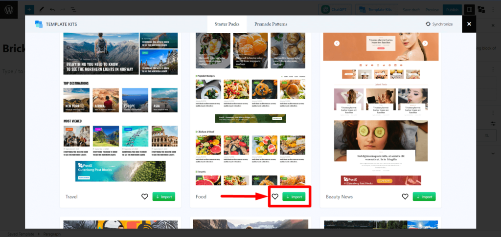 تقديم تكامل PostX Bricks Builder 6 Import Food Template