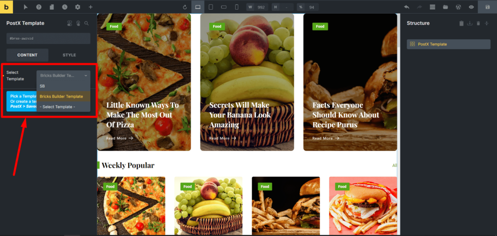 تقديم تكامل PostX Bricks Builder 11 Select Template with Bricks