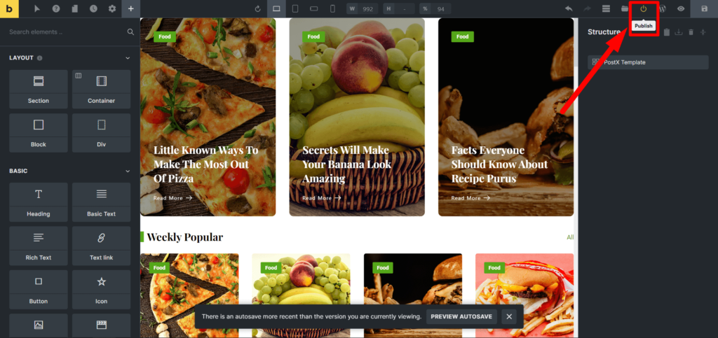 تقديم تكامل PostX Bricks Builder 12 Publish Bricks page