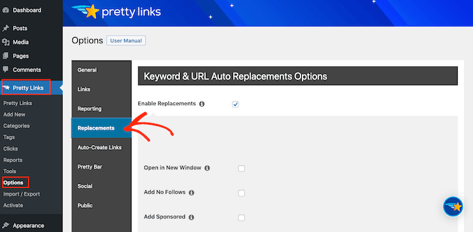 Настройки автоматического связывания и замены Pretty Links Pretty Links' auto-linking and replacement settings