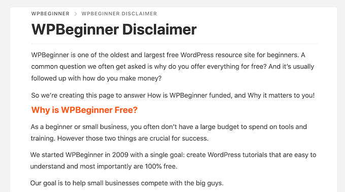 Страница отказа от ответственности для партнеров WPBeginner The WPBeginner affiliate disclaimer page