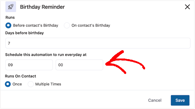 Configuración de la hora para el flujo de trabajo de cumpleaños automatizado Setting the time for the automated birthday workflow