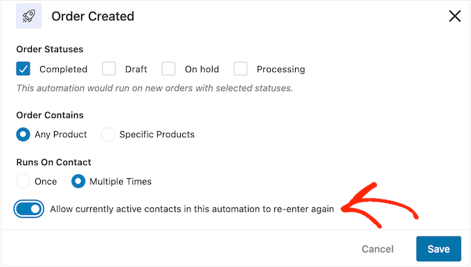 La configuración 'Se ejecuta en contacto' The 'Runs on Contact' setting