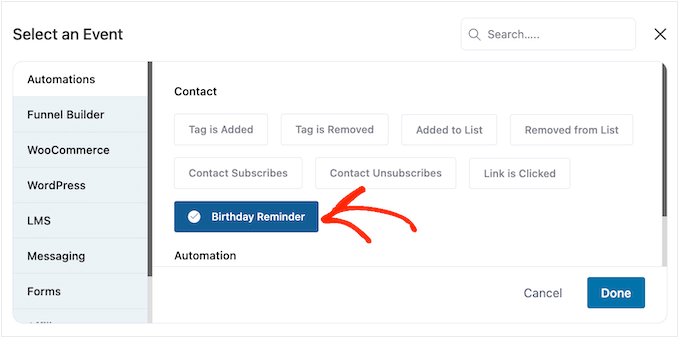 Seleccionar el activador de recordatorio de cumpleaños de FunnelKit Selecting FunnelKit's birthday reminder trigger