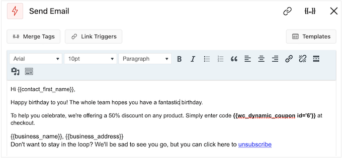 Agregar un código de cupón a un correo electrónico de recordatorio de cumpleaños Adding a coupon code to a birthday reminder email