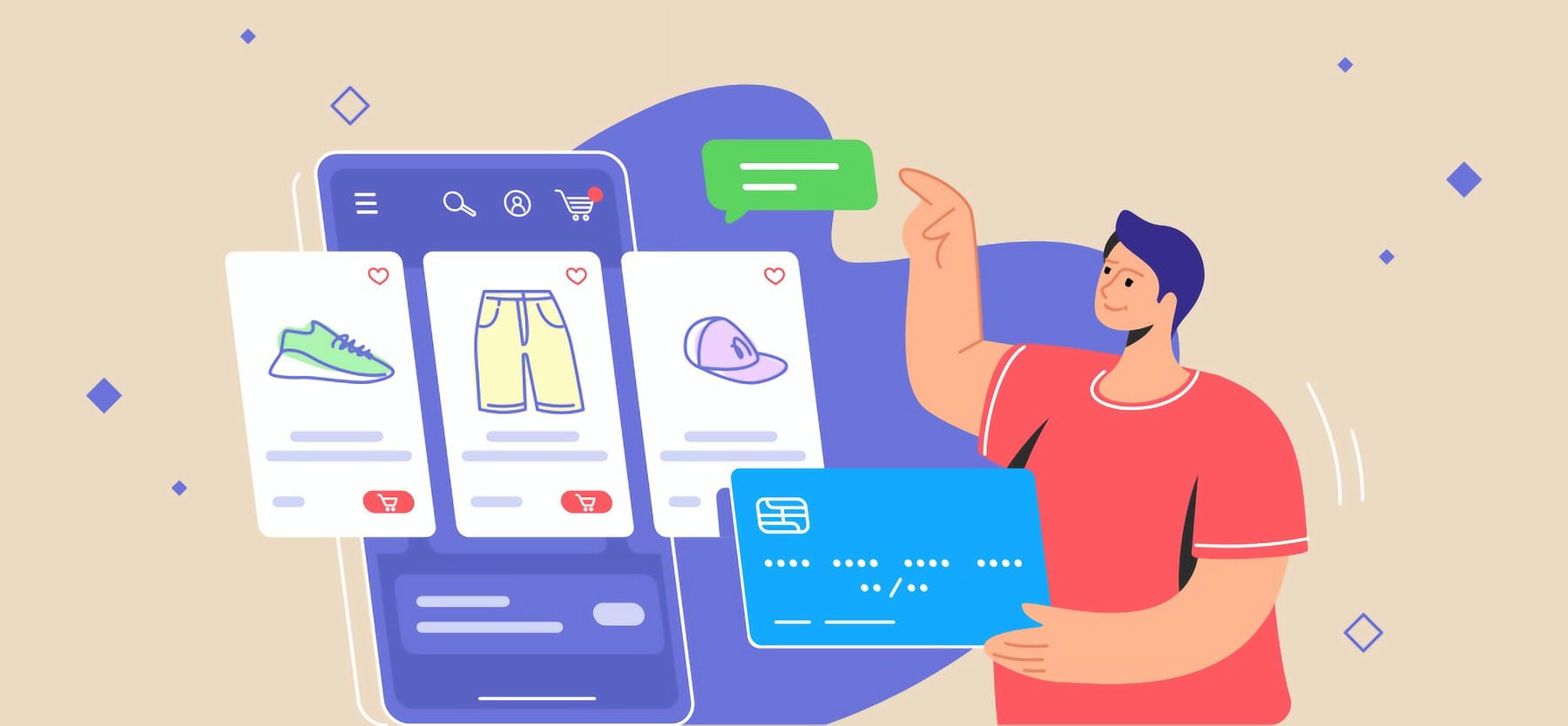 Illustrazione della vendita di prodotti online - pagamento