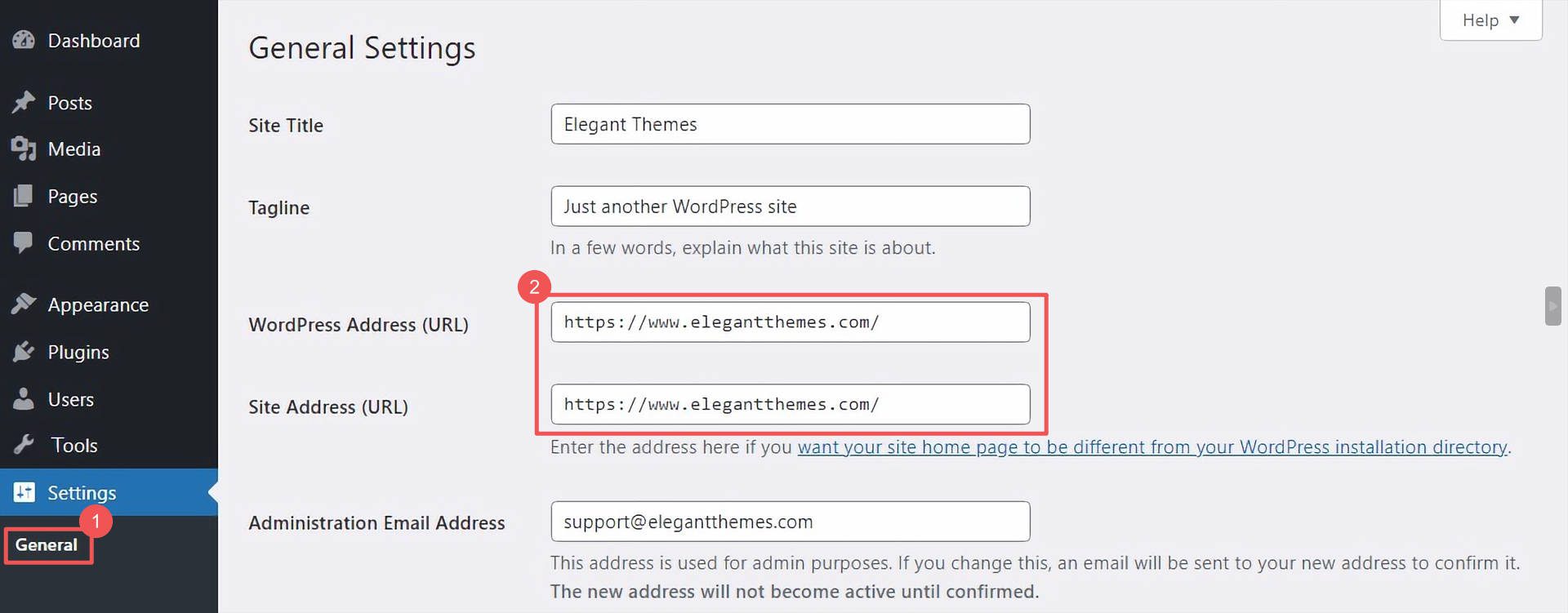 Ustawienia WordPress Ogólne URL strony WWW