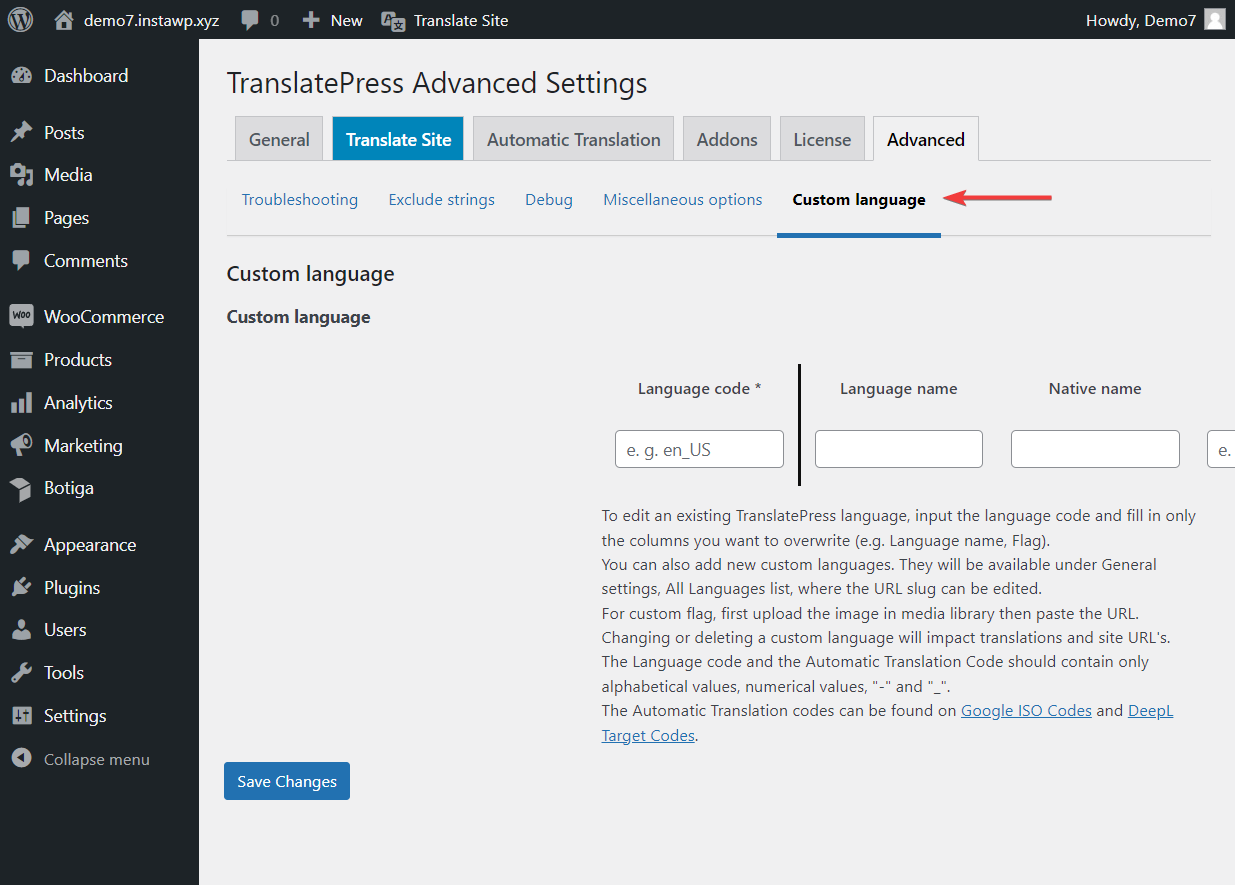 Impostazioni avanzate di TranslatePress per le lingue personalizzate