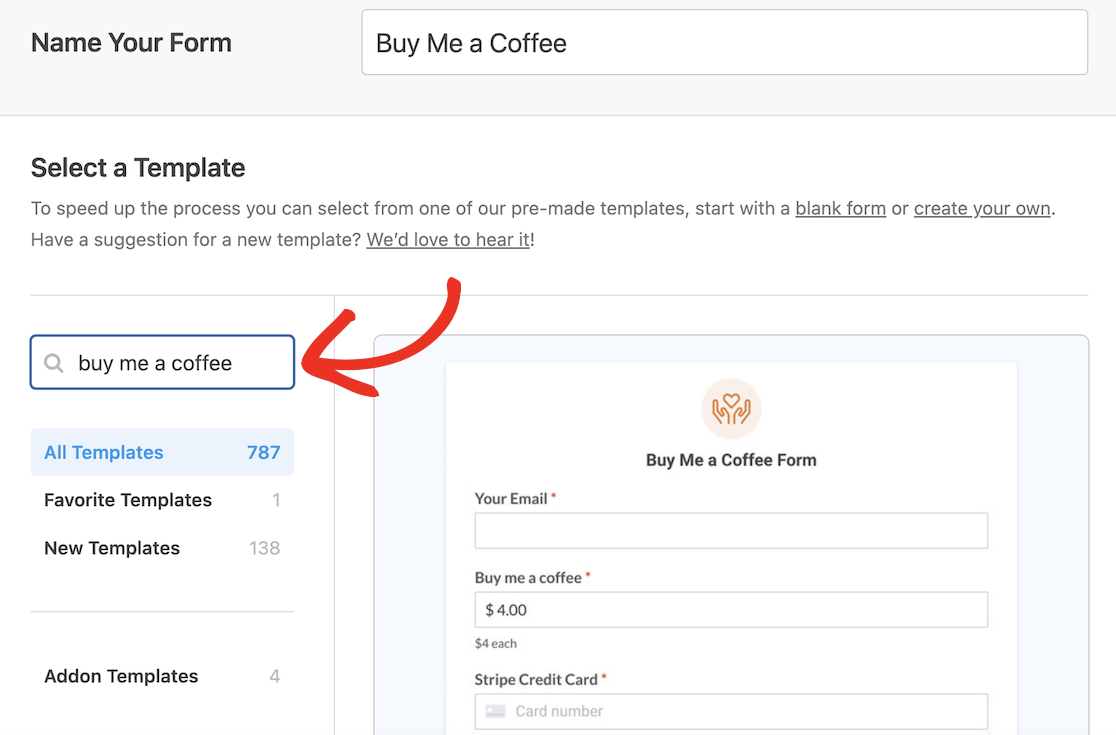 Find the Buy Me a Coffee form template