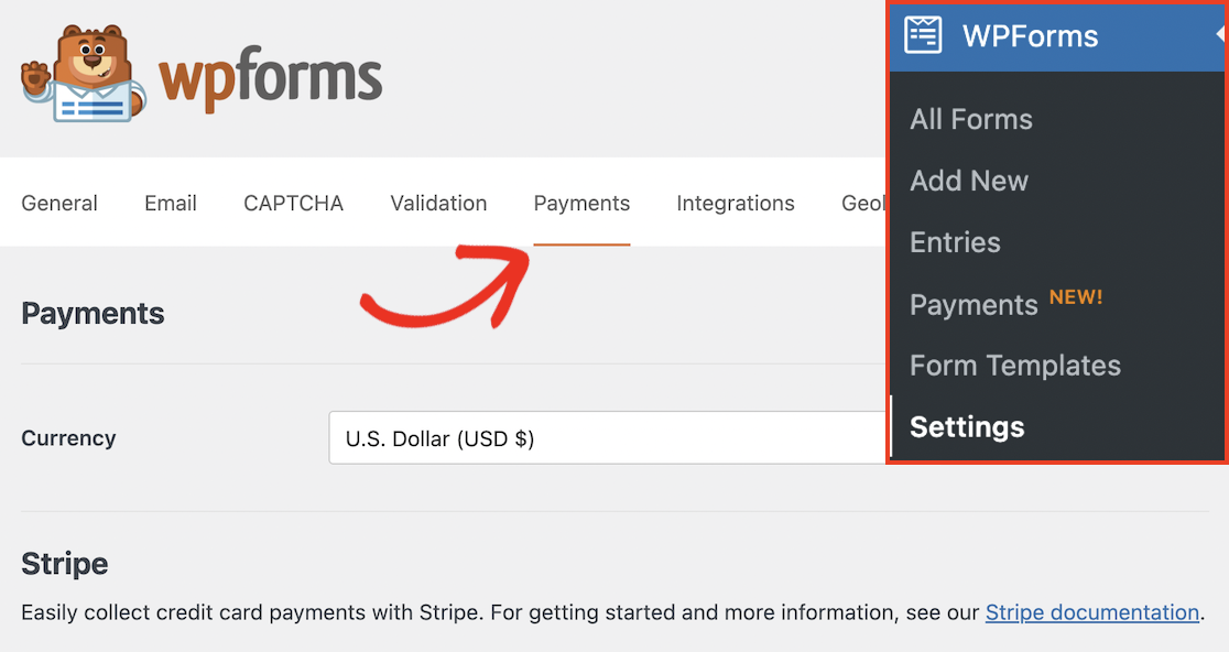 WPForms payments settings