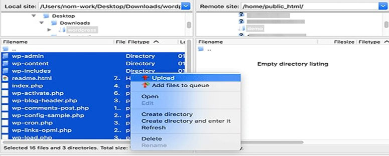 Fazendo upload de arquivos do WordPress usando o cliente FTP