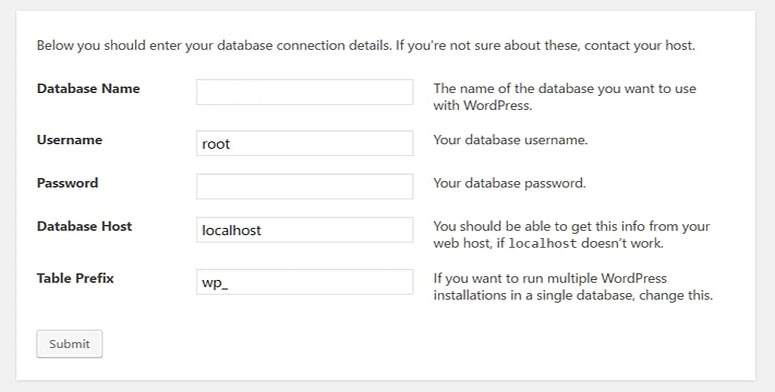 Insira as informações do banco de dados para a instalação do WordPress