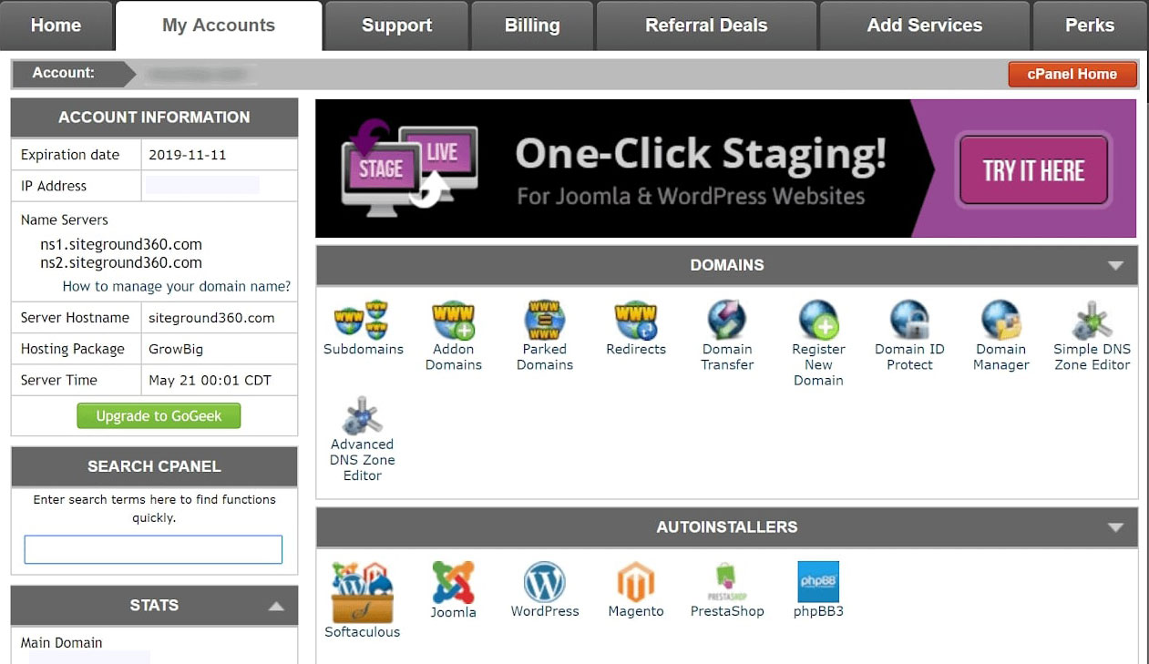 Painel cPanel do SiteGround