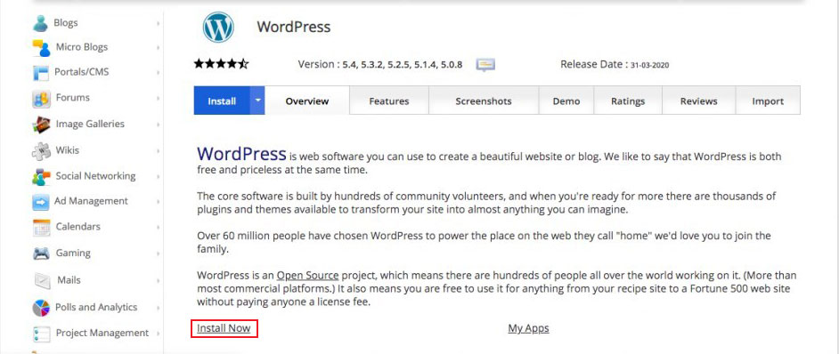 Clique no botão Instalar agora para instalar o WordPress