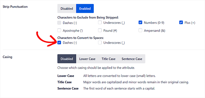 Configurați opțiunile de punctuație și majuscule Configure strip punctuation and casing options