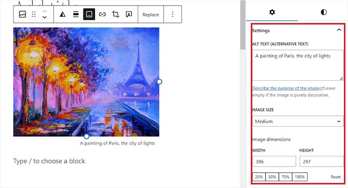 Setări imagini în panoul de blocuri Images settings in the block panel