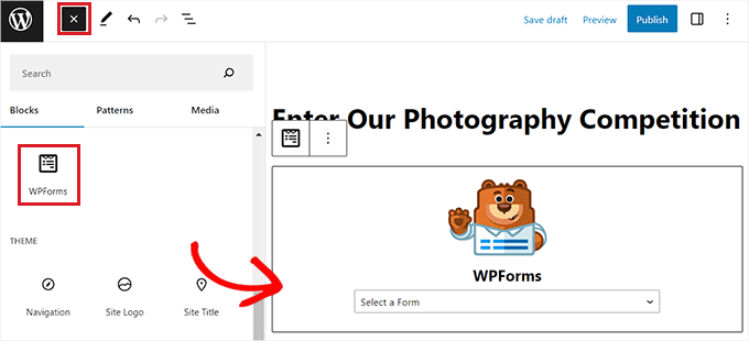 Găsiți și adăugați blocul WPForms Locate and add the WPForms block