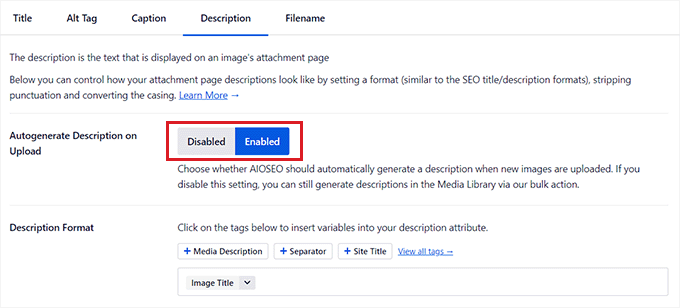 Activați comutatorul Descriere și configurați etichetele inteligente ale acesteia Enable the Description toggle and configure its smart tags
