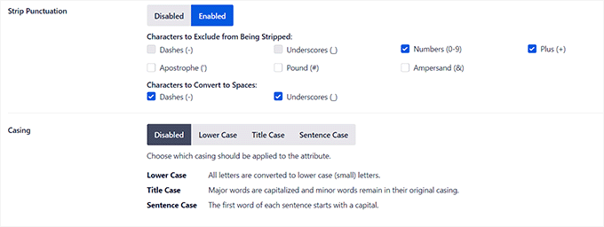 Eliminați setările de punctuație și majuscule Strip punctuation and casing settings
