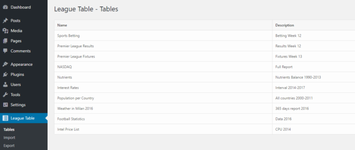 Vista previa del complemento League Table.