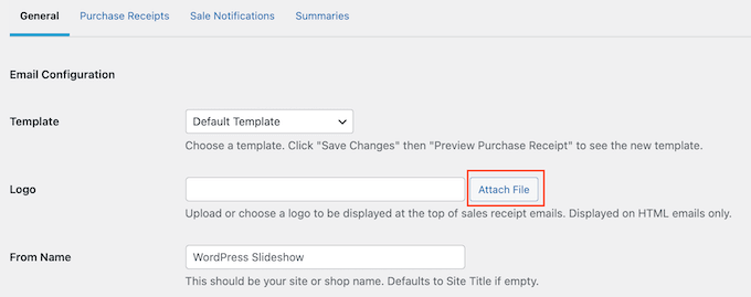 Adicionando um logotipo ao e-mail de recibo de compra Adding a logo to the purchase receipt email