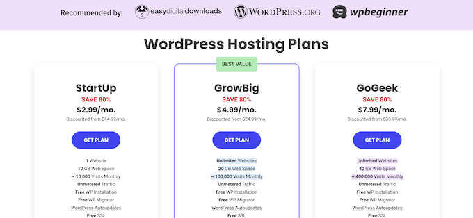 Planos de hospedagem do SiteGround SiteGround's hosting plans