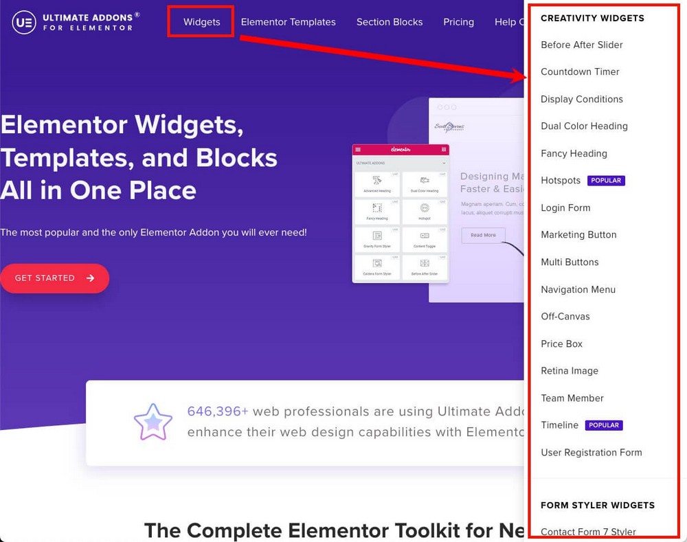 Zusätzliche Widgets von Ultimate Addons für Elementor