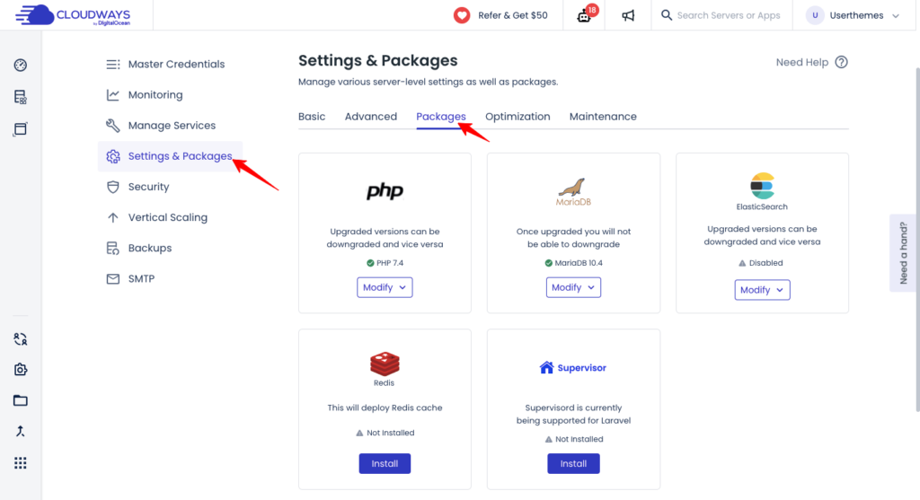cloudways-ayarları-paketleri