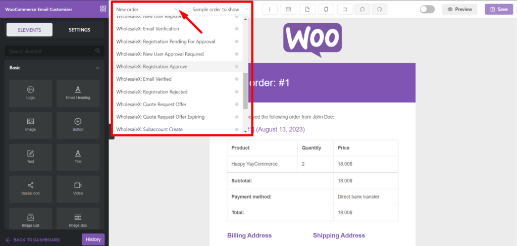 Memperkenalkan Integrasi YayMail WholesaleX 8 YayMail Email Template Selection