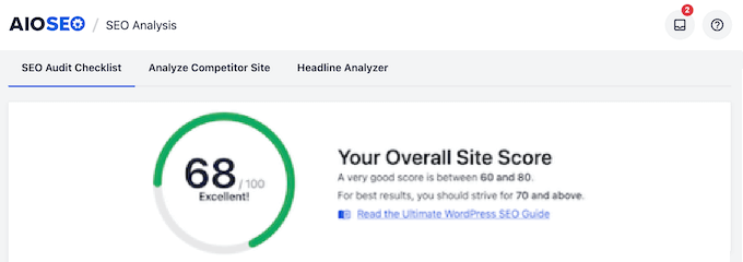 Die Site-Score-Funktion von All in One SEO The All in One SEO's site score feature