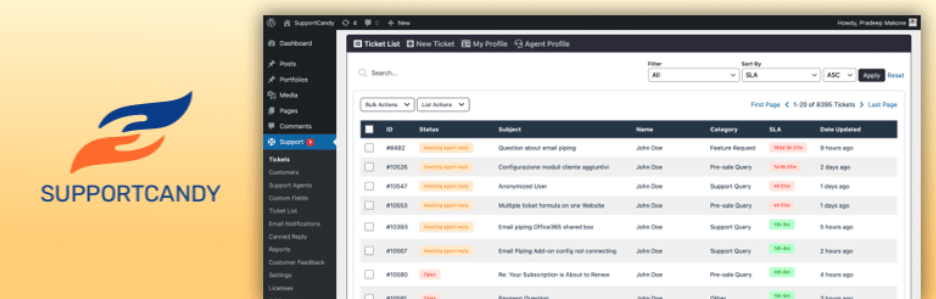 Die 12 besten WordPress-Plugins für Ihre Unternehmensseite. Screenshot aus der Plugin-Liste von Support Candy im WordPress-Plugin-Verzeichnis