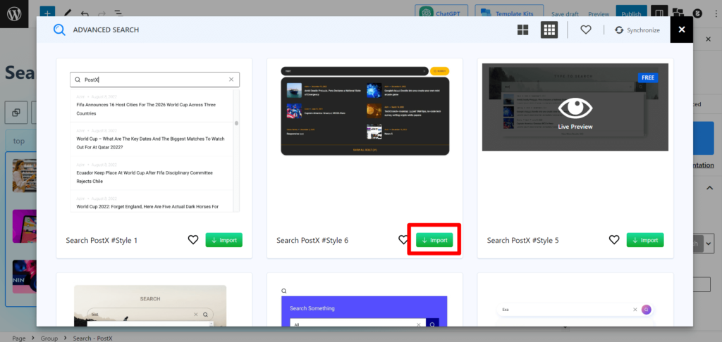 介紹 PostX 高級搜索塊 4 PostX Search 1-click Pattern Import