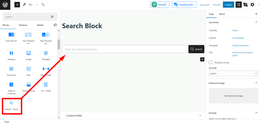 介紹 PostX 高級搜索塊 2 Adding Search Block to Page
