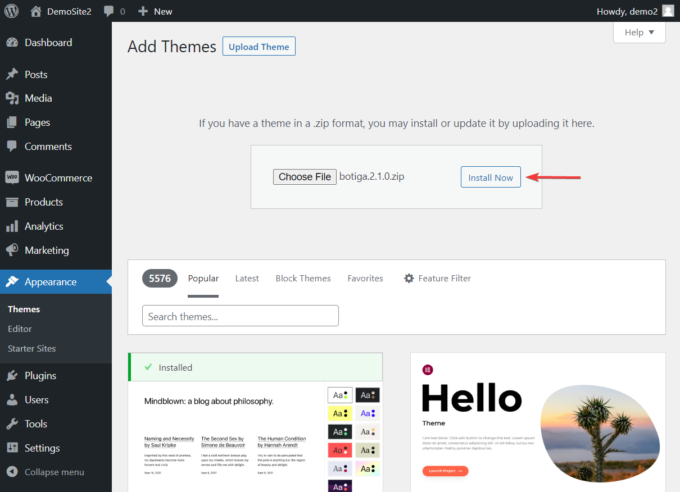 Upload do tema Botiga no WordPress, captura de tela