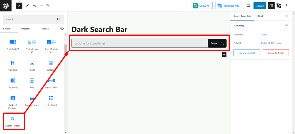 如何在 WordPress 菜單中添加搜索欄 11 Add Search Block in Saved Template
