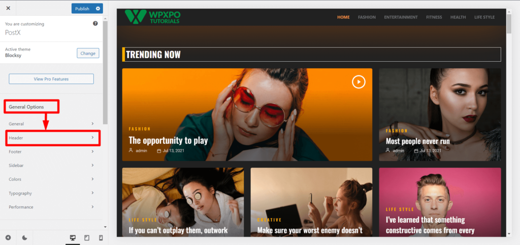 如何在 WordPress 菜單中添加搜索欄 3 Blocksy Theme Customizer
