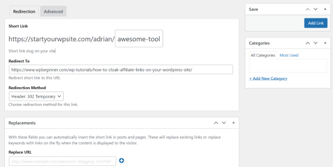 Pratinjau setelan pemendek URL URL shortener settings preview