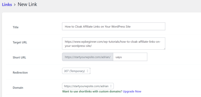 Pengaturan pemendekan URL URL shortify settings