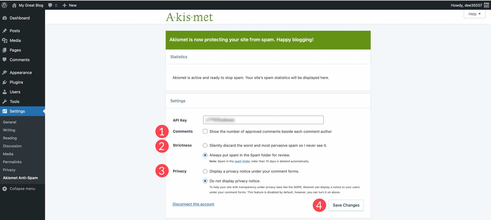 إعدادات تعليق Akismet