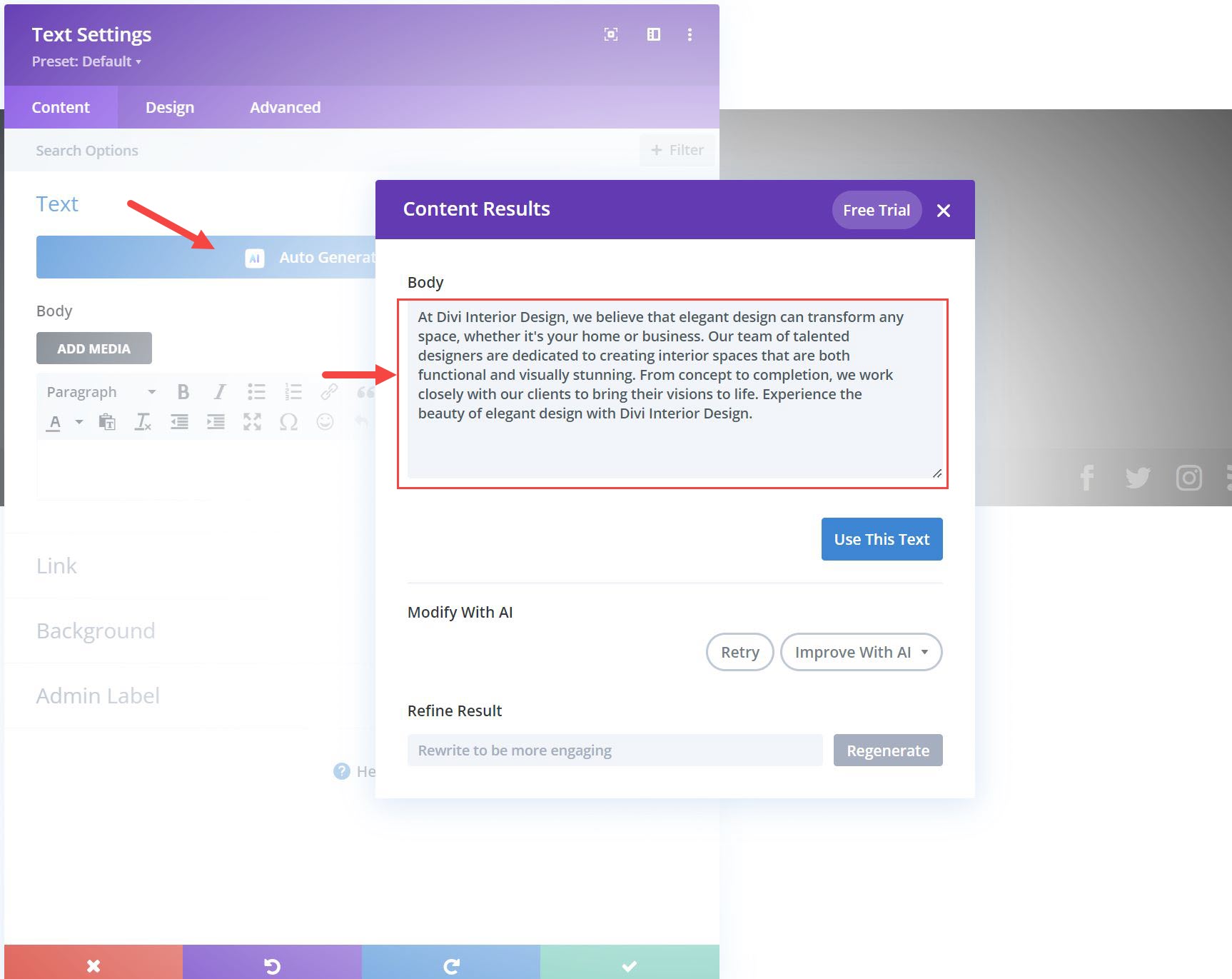 Divi AI لتوليد نص WordPress AI