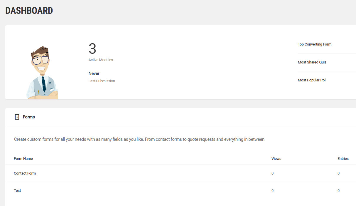 您的 Forminator 儀表板。