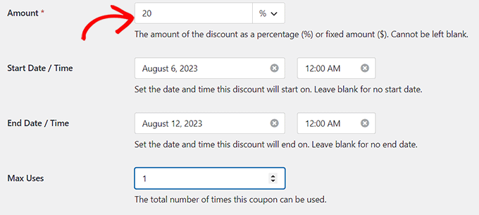 添加优惠券代码的金额和时间 Add amount and time for the coupon code