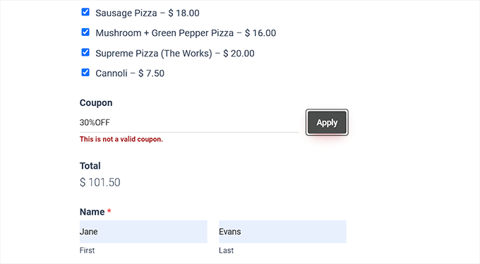 优惠券代码错误预览 coupon code error preview
