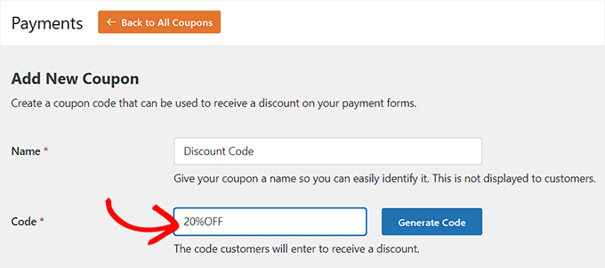 添加优惠券的名称和代码 Add a name and code for the coupon