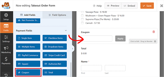 将优惠券代码字段添加到表单中 Add coupon code field to the form