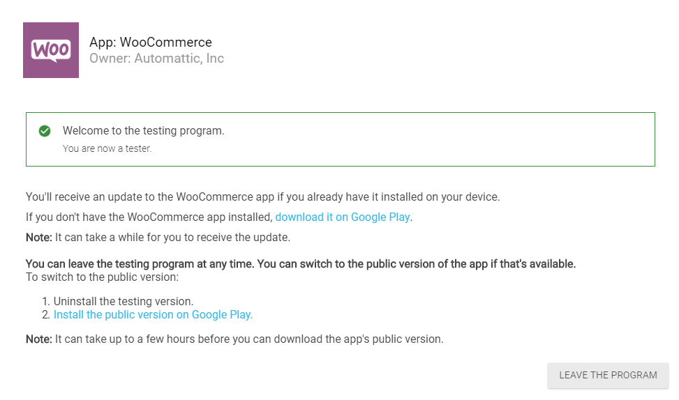 Optando pelo teste beta do WooCommerce Android.