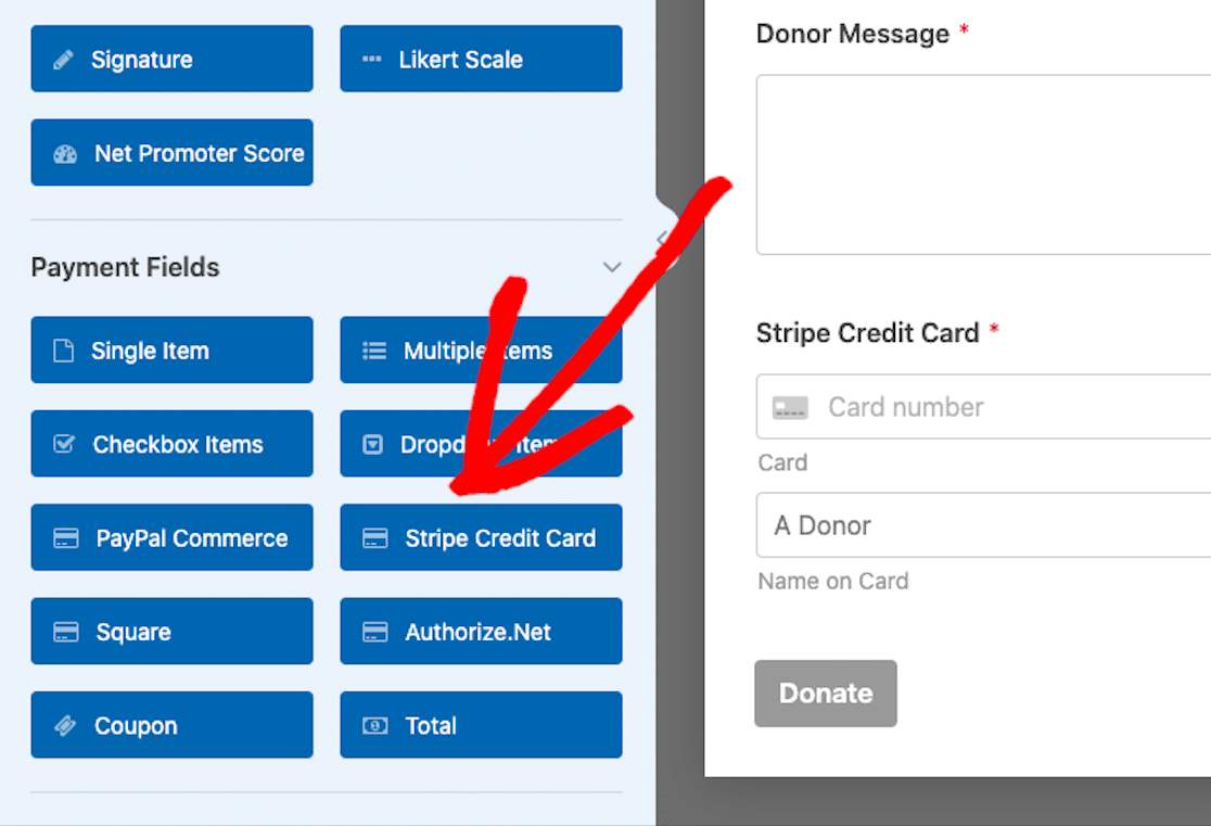Selecting the Stripe credit card field