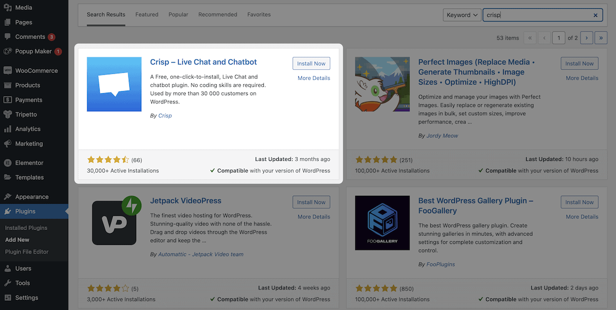 Der Bildschirm „Neue Plugins hinzufügen“ in WordPress, der das Crisp-Begleit-Plugin zeigt.