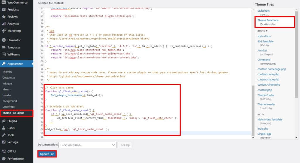 aggiungi codice per svuotare automaticamente la cache in W3 Total Cache